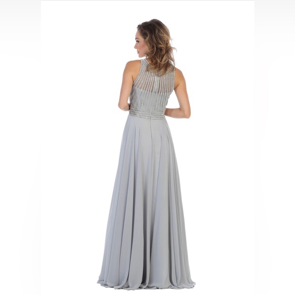 May Queen Beaded Illusion Jewel Chiffon Gown - Silver - Picture 2 of 2